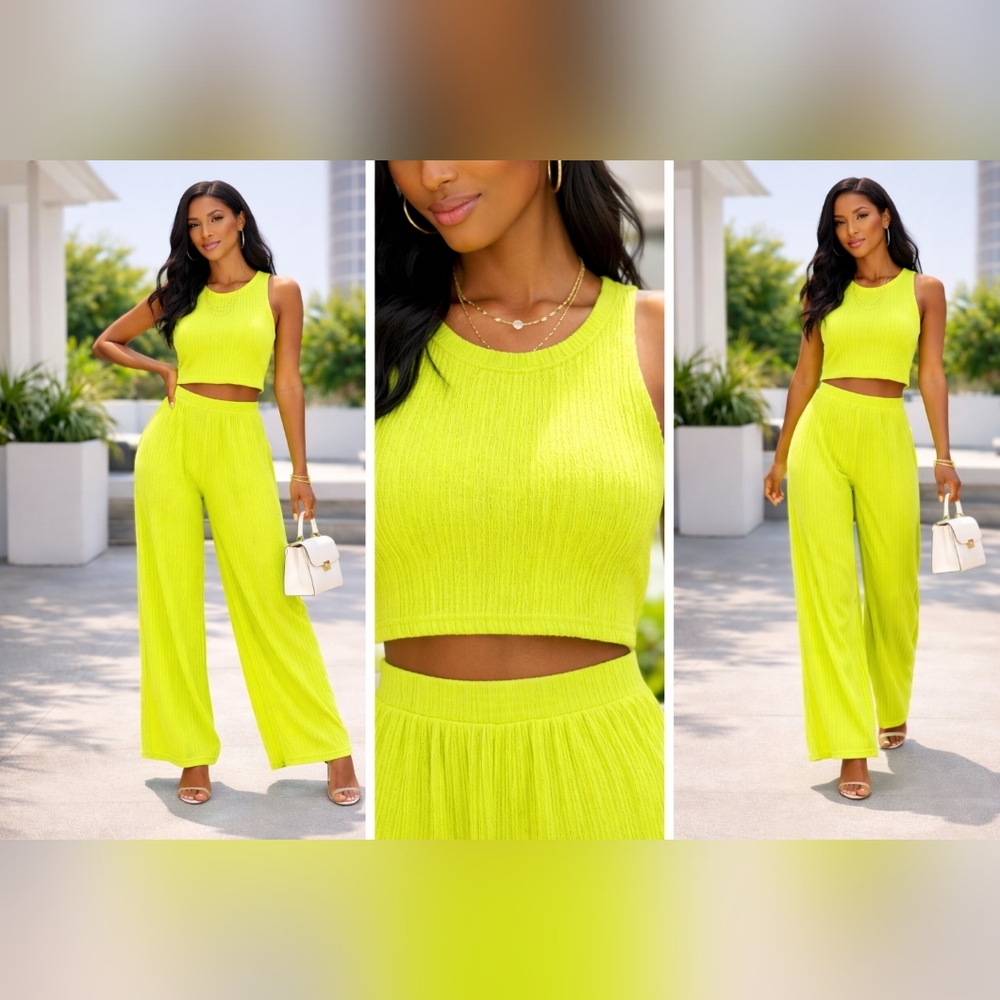 Love Poem by Block Lime 2 Piece Set Size Small Neon Ribbed Tank & Wide Leg Pants